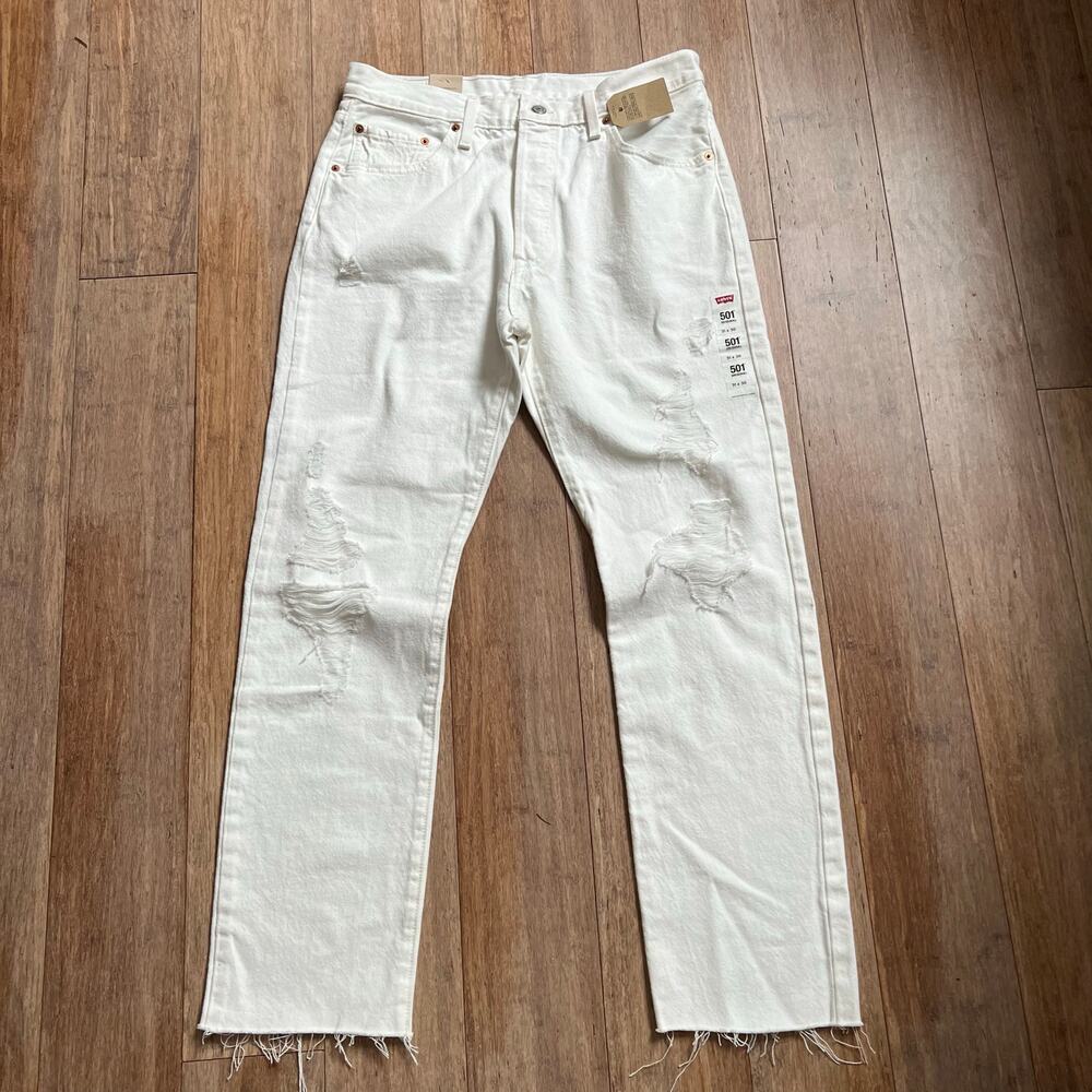 Women's Levi's 501 Original High Rise Cotton Frayed White Straight Leg Pants NEW